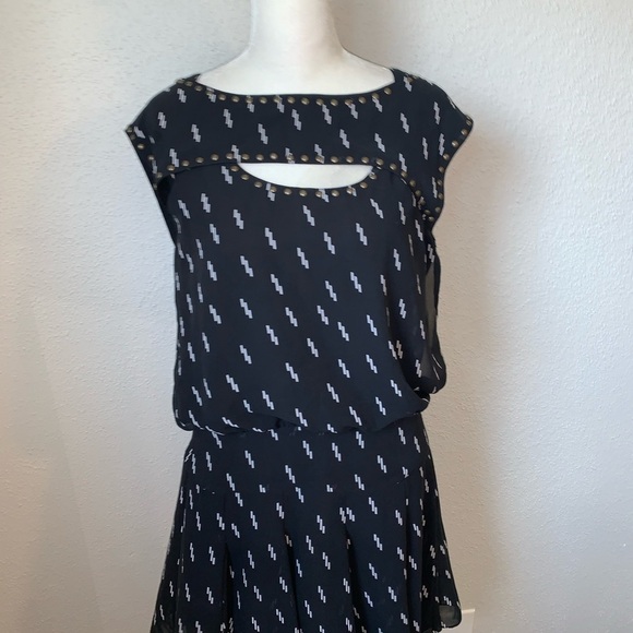 Sam Edelman Bolt Print Studded Drop Waist Black Mini Dress Size Small - Picture 2 of 7